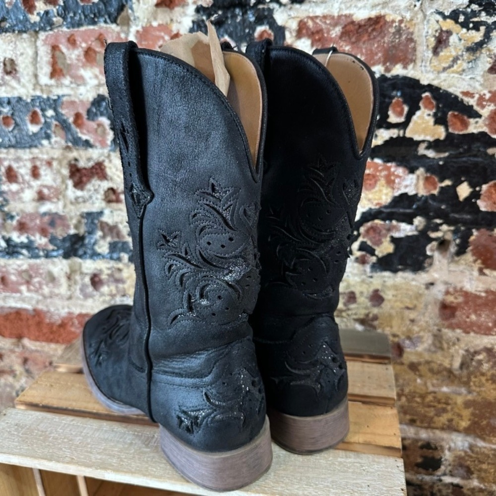 Roper Kennedy Womens 9 Black Inlay Embroidered Square Toe Boots - Picture 5 of 9
